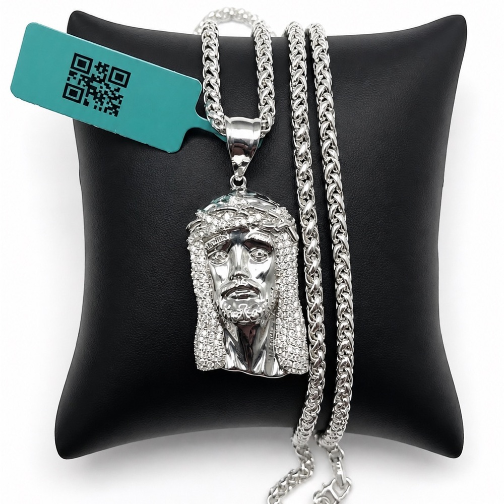 925 Sterling Silver 1.88CT MOISSANITE Jesu Pendant Wheat Chain Men’s Necklace